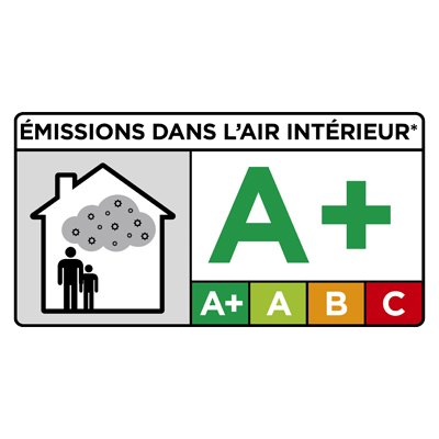 Information sur le niveau d'émission de substances volatiles dans l'air intérieur, sur une échelle de classe allant de A+ (très faibles émissions) à C (fortes émissions)