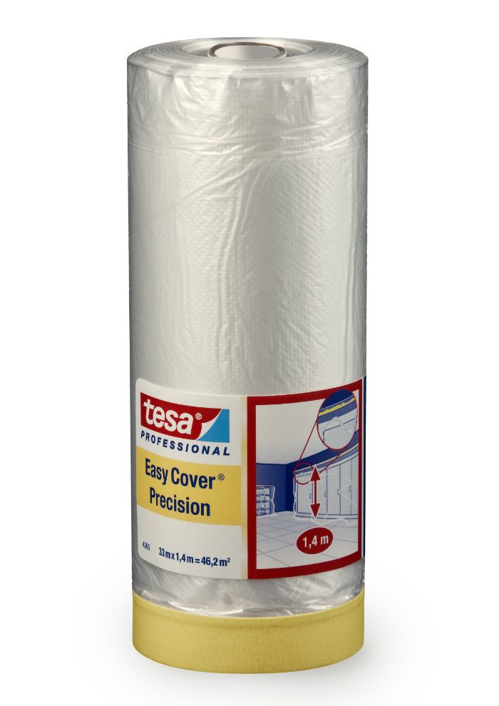 Tesa Easy Cover Precision 4365 – 8-Pack, 2-in-1 Painter’s Film With Masking Tape (17m X 2.6m Each) – Transparent Cover For Indoor/Outdoor
