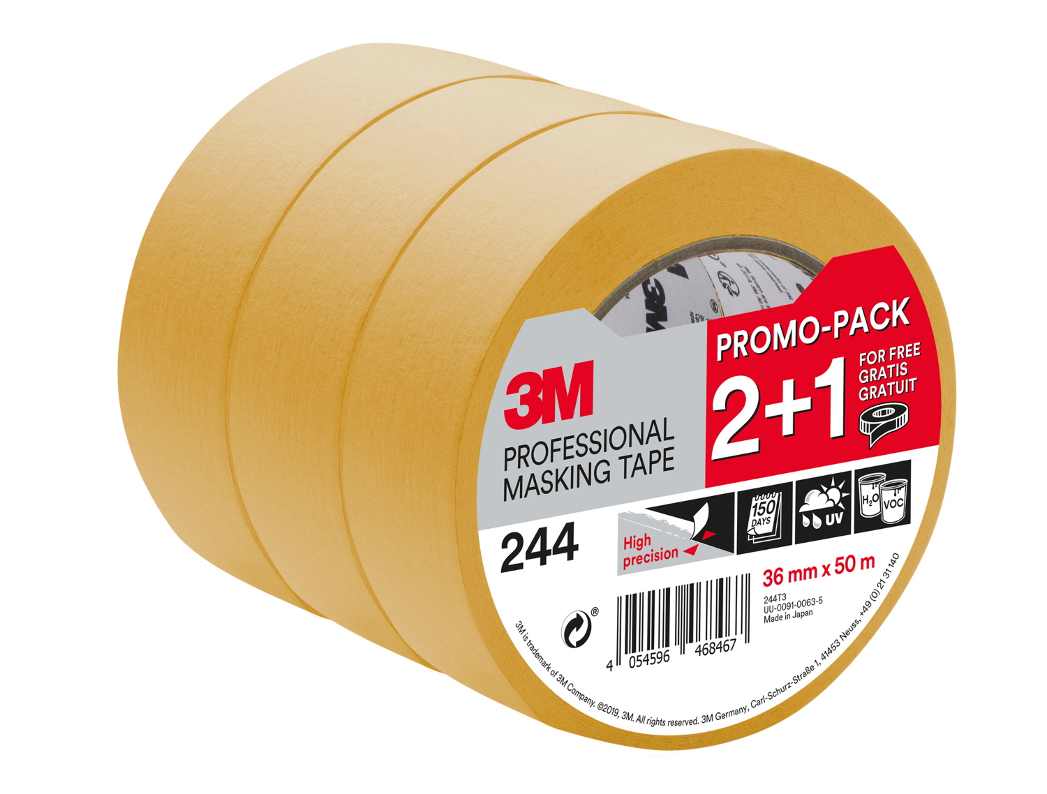 3M 244 Gold Precision Masking Tape 36mm 2+1 3pk